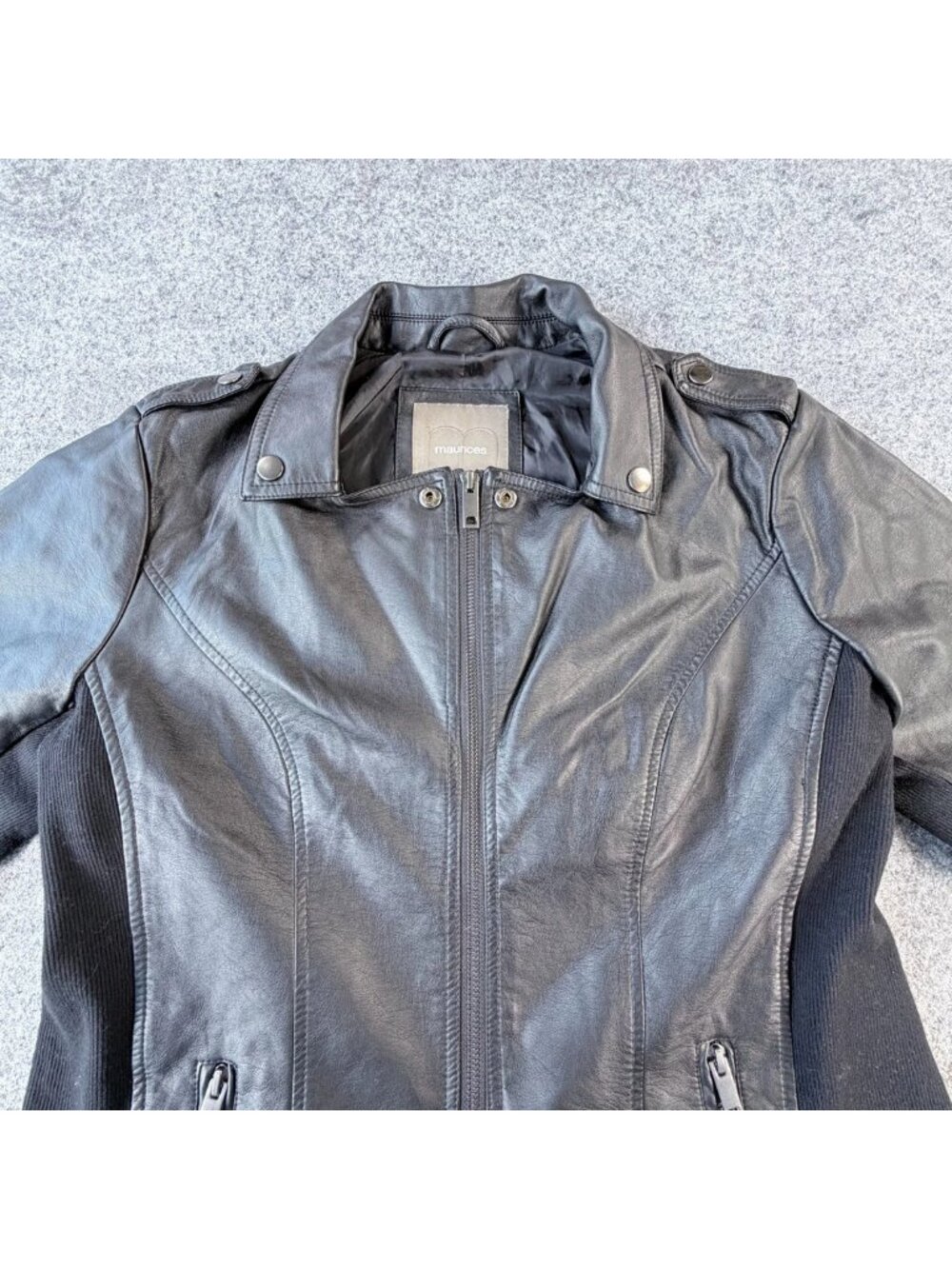 Maurices Faux Leather Full-Zip Moto Jacket Womens L Black Rib Knit Side Panels - Picture 8 of 16